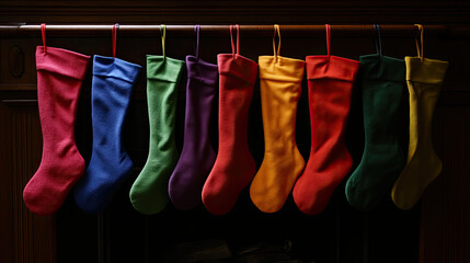 Rainbow Christmas stockings hanging from the fireplace, each one in a different bright color, ready for holiday surprises.