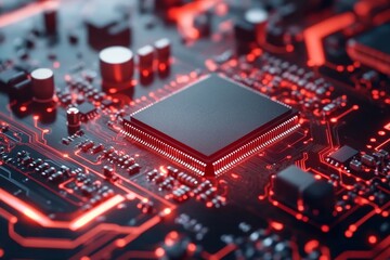 Fototapeta premium Futuristic red circuit board with central microchip and glowing connections