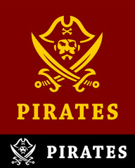 Bold pirate-themed logo featuring a skull with a hat, crossbones, and crossed swords