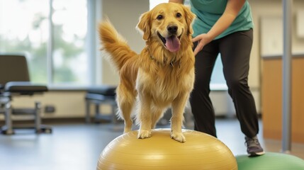A dog performing balance exercises on an exercise ball in a rehabilitation center, with a therapist guiding it.