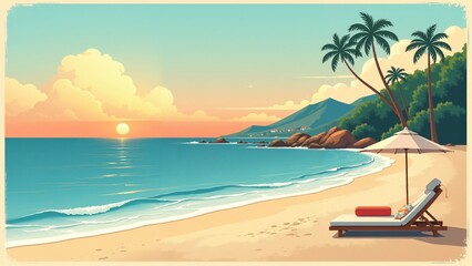 Relaxation on a sunlit beach with palm trees and gentle waves during a serene summer afternoon