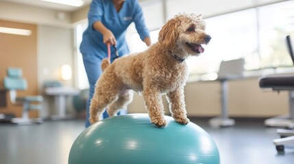 A dog performing balance exercises on an exercise ball in a rehabilitation center, with a therapist guiding it.