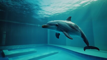 Fototapeta premium A dolphin being carefully monitored by marine biologists in a rehabilitation pool, recovering from an injury.