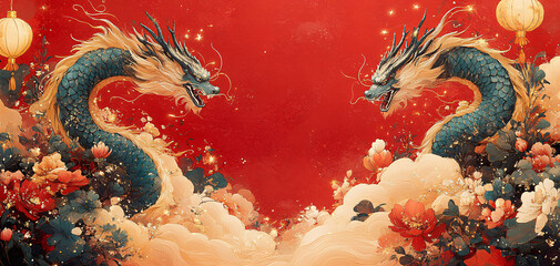 Obraz premium A vibrant, festive illustration of ornate dragons, lanterns, and flowers on a red background, ideal for Chinese New Year celebrations and cultural events.