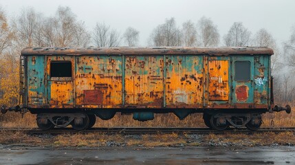 a rusty train car on wheels