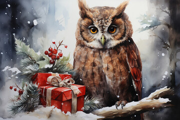 happy owl at christmas, watercolor,., watercolor style,  