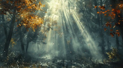 Naklejka premium A serene forest scene with sunlight filtering through trees, creating a tranquil atmosphere.