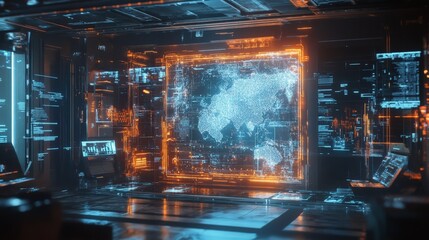 Obraz premium A futuristic holographic display of big data streams, with real-time analytics being processed by AI algorithms and visualized in 3D.