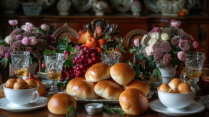 Fototapeta premium A beautifully arranged table featuring bread, fruit, and floral centerpieces.
