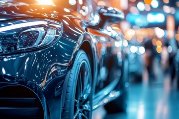 Sleek blue sports car with reflective surface and vibrant bokeh lights in showroom