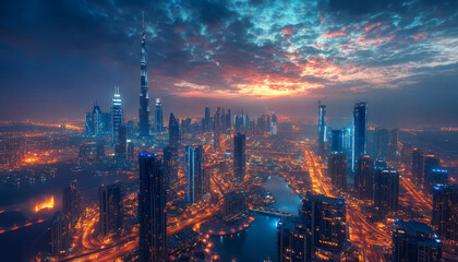 Fototapeta premium stunning cityscape showcasing vibrant skyline illuminated by city lights at dusk, featuring modern skyscrapers and dramatic sky