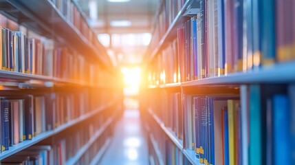 Obraz premium Sunlit library aisle with bookshelves.