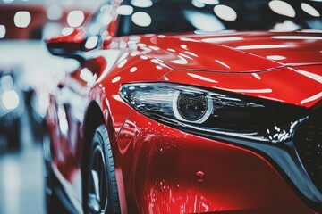 Sleek red sports car with shiny headlight in showroom setting