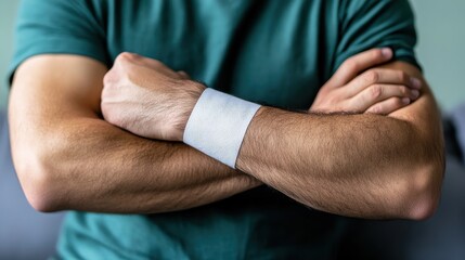 Fototapeta premium Man Wearing White Wristband, Arms Crossed, Mockup Template