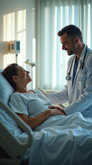 Obraz premium Patient In A Hospital Bed With Caring Doctor Providing Update