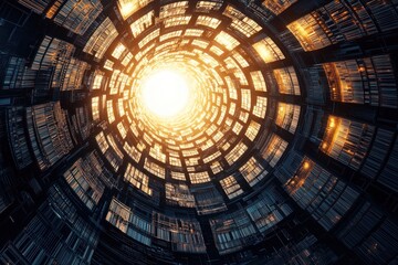 Illuminating spiral of light and structure abstract design digital art futuristic environment bottom-up perspective wonder