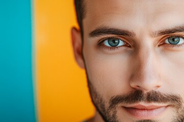 Fototapeta premium Close-up portrait of young caucasian male with blue eyes against vibrant background