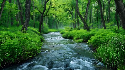 Obraz premium A Natural Stream Flowing Through a Lush Forest, Captured as a Mobile Screen Wallpaper, Showcasing the Calm and Refreshing Beauty of Nature’s Waterways