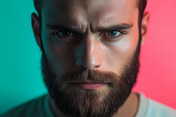 Obraz premium Intense young caucasian male with beard against colorful background