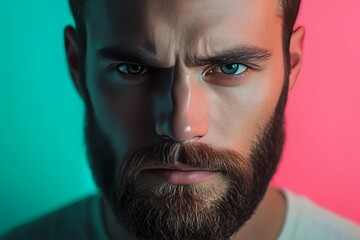Obraz premium Intense gaze of young caucasian male with beard against colorful background