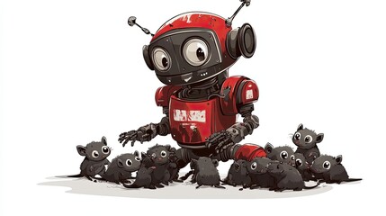 Fototapeta premium A Red Robot with Large Eyes Surrounded by Small Cute Mice