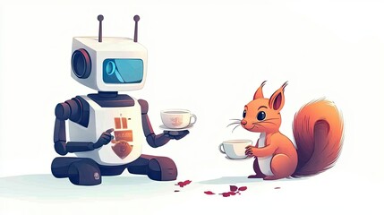 Fototapeta premium A Robot and a Squirrel Enjoying Tea Together