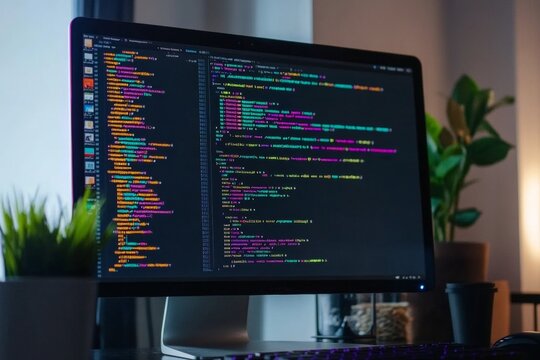 Computer monitor displaying colorful code in a modern workspace