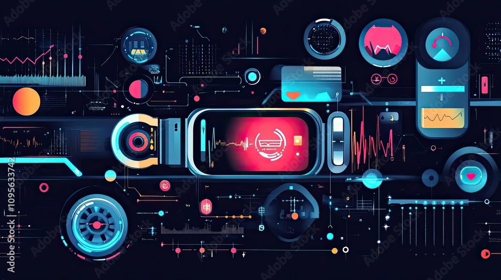 Poster futuristic interface with graphical data and digital elements
