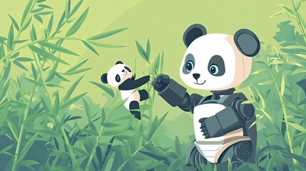 Obraz premium A robotic panda and a smaller panda enjoying bamboo together.