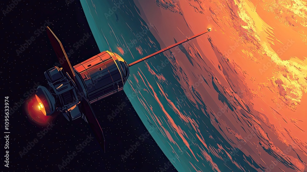 Wall mural a spaceship in orbit around a planet with a fiery atmosphere