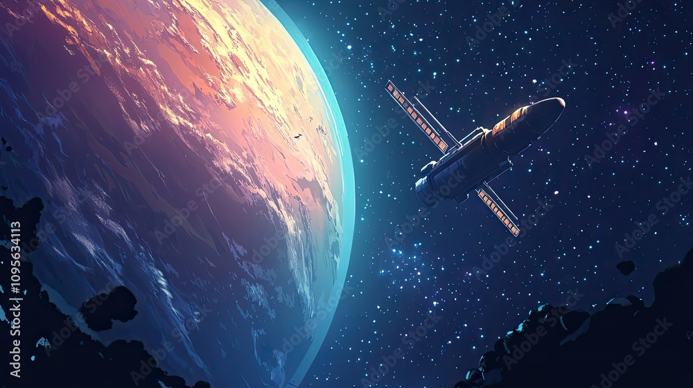 Wall mural a spacecraft orbits a planet with a starry background
