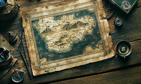 Vintage Map Displayed on Wooden Table Surrounded by Compass, Magnifying Glass, and Decorative Items for Adventure and Exploration Themes