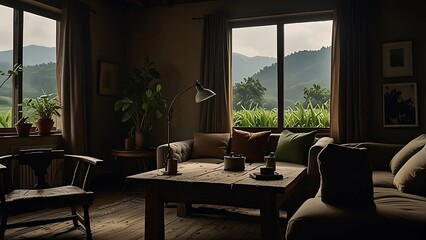 Fototapeta premium living room with a table and chairs. living room with a view. workspace in a home with hyper-realistic plants and natural light 