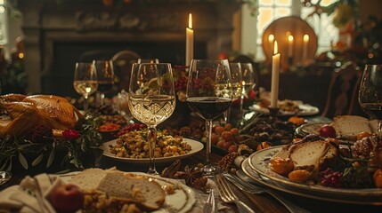 Fototapeta premium A festive dining table adorned with various dishes, wine, and candles for a celebration.
