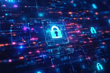Obraz premium Cybersecurity network concept with digital lock symbol and futuristic blue technology grid background