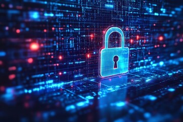 Digital security concept with glowing lock on cyber matrix background