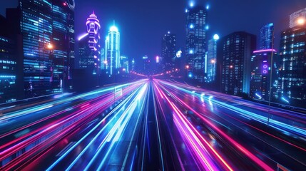 Obraz premium A vibrant cityscape at night showcasing light trails from vehicles on a busy highway.