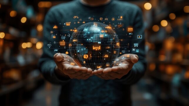 businessman holding virtual globe with e commerce icons of shopping for online shopping add to cart internet store buy online and e commerce concep - Powered by Adobe