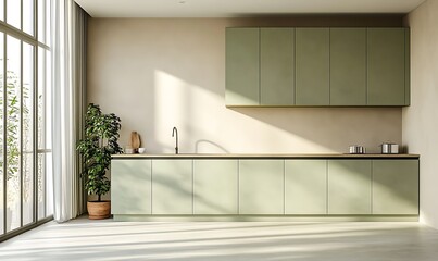 Fototapeta premium empty kitchen wall mockup with light green cabinets and beige floor, modern minimalist style interior design,