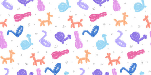 Balloons animals seamless pattern. Repeating design element for printing on fabric. Balloon toys for children. Entertainment and fun. Wallpaper and background. Flat vector illustration