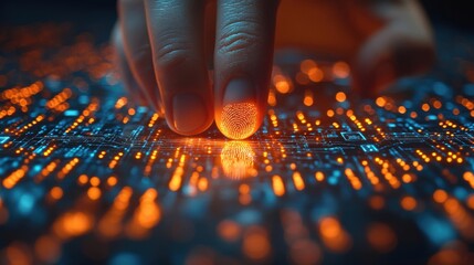 businessman using fingerprint identification to access personal financial data idea for e kyc electronic know your customer biometrics security innovation technology against digital cyber crim