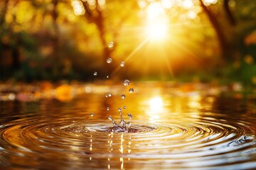 Sunlit water droplets creating ripples in a tranquil autumn pond