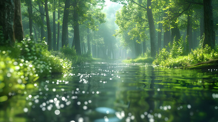 Obraz premium Sunlit Forest Stream 3D Illustration