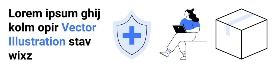 Shield with cross symbolizes security, person in blue sitting with laptop symbolizes remote work, box represents shipping and logistics. Ideal for cybersecurity, remote work, ecommerce, delivery