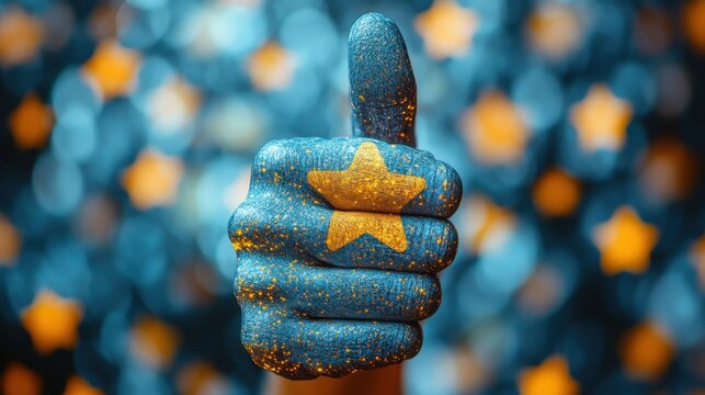 customer thumb rise up with yellow 5 stars virtual screening monitor for satisfaction evaluation survey and revie