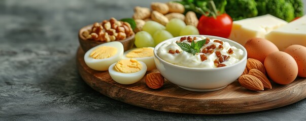 Fototapeta premium Assorted high-protein snacks including eggs, yogurt, nuts, and cheese, promoting concept of nutritious snacking