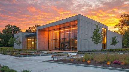 Modern Building with Sunset Sky