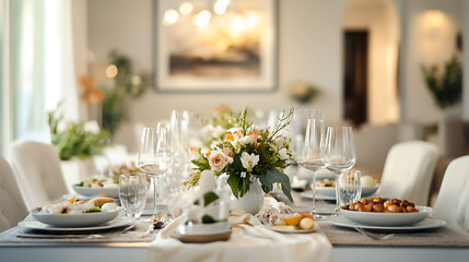 A serene family dinner in a modern dining room, a long table set with elegant plates, fresh flowers, and happy faces enjoying the moment. 
