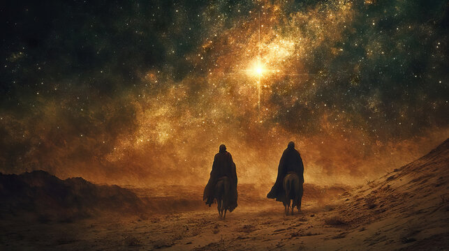 back view man riding horse journeying through a vast desert at night, following a bright, radiant glow star in the sky.