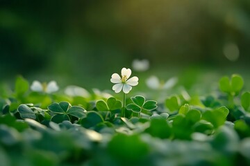 Enchanting white clover blossom in lush green meadow at sunrise